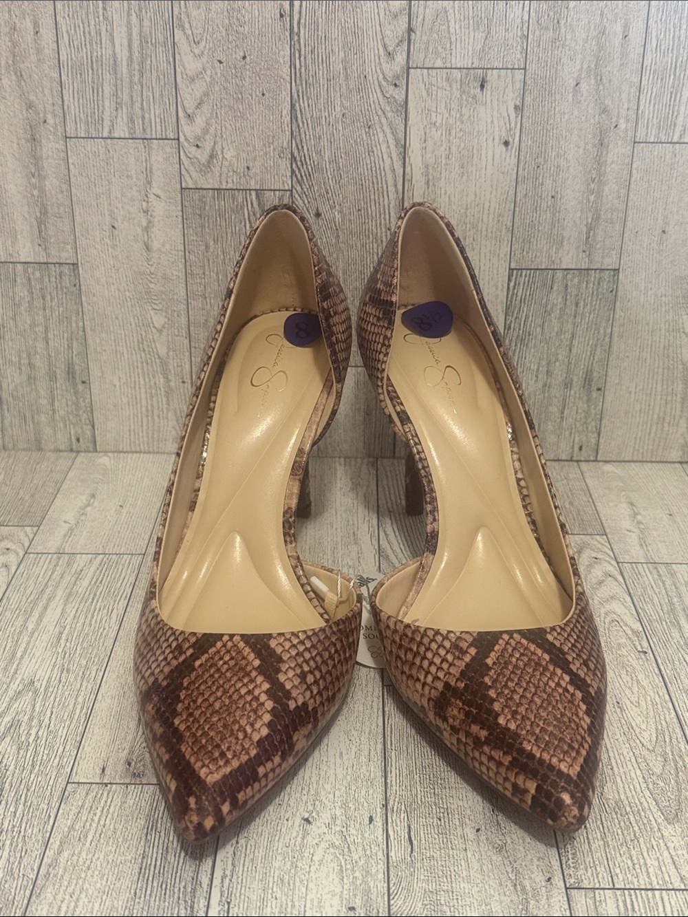 Jessica Simpson Brown Snake-Print Pointed Toe Pumps